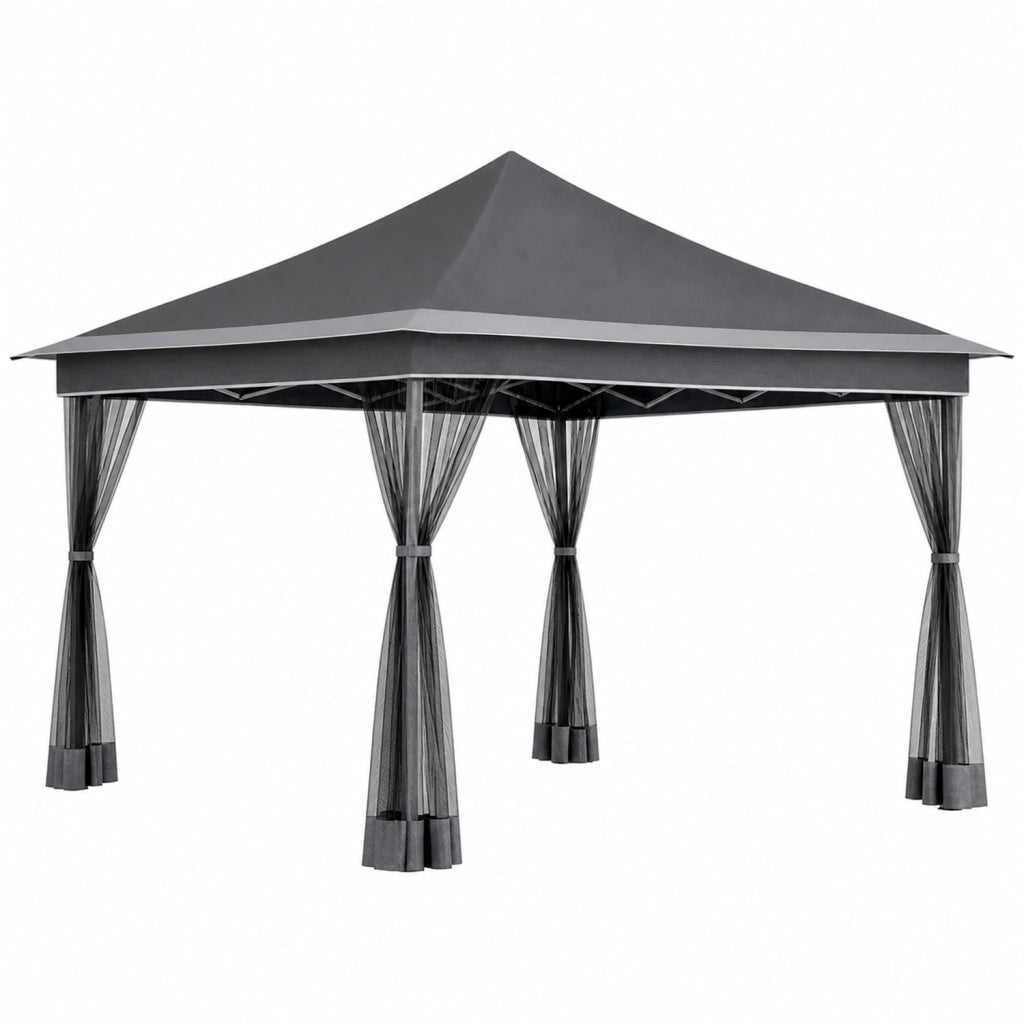 Gazebo Pieghevole Da Giardino Con Teli Zanzariera Laterali Copertura Oxford UV50+ Telaio Regolabile Pop Up Con Borsa Trasporto Outdoor 360 x 360 x 310 Cm Grigio Scuro