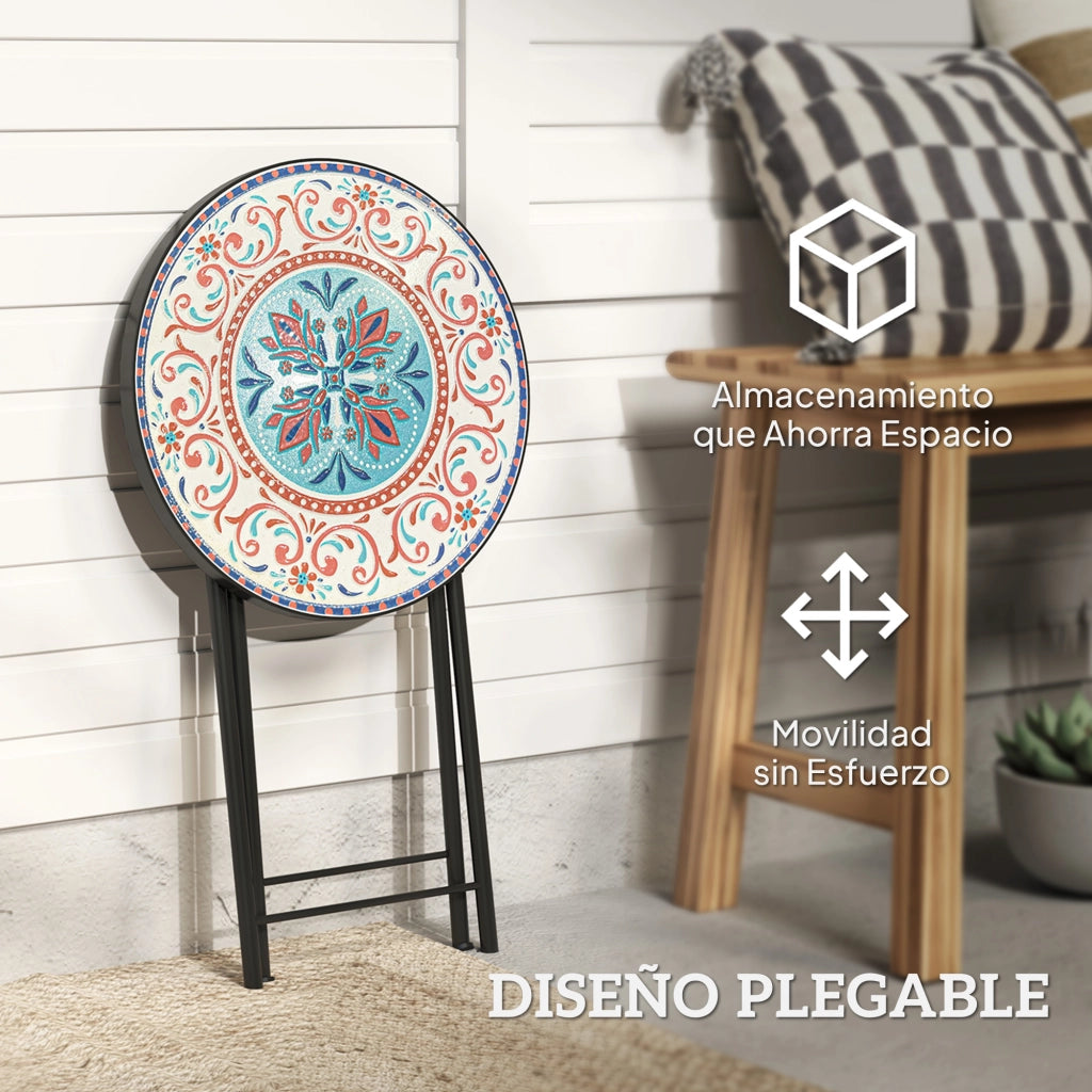 Tavolino da Giardino Pieghevole con Piano a Mosaico e Cuscini Antiscivolo ¨C Zephmum ¨C ?35,5x55 cm Multicolore