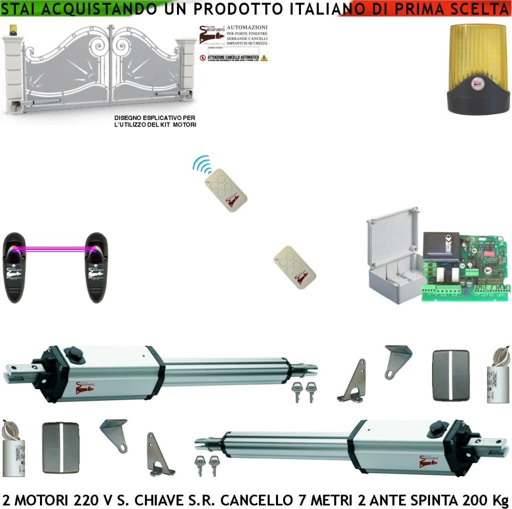 Automatismo Kit Ricambio per Cancello da 7 Metri 2 Ante da 3,5 Metri Motori Elettromeccanici 230 V Stelo Retrattile Autobloccante Corsa Stelo 600 mm Spinta 250 Kg Centrale di Comando Incorpora Radio