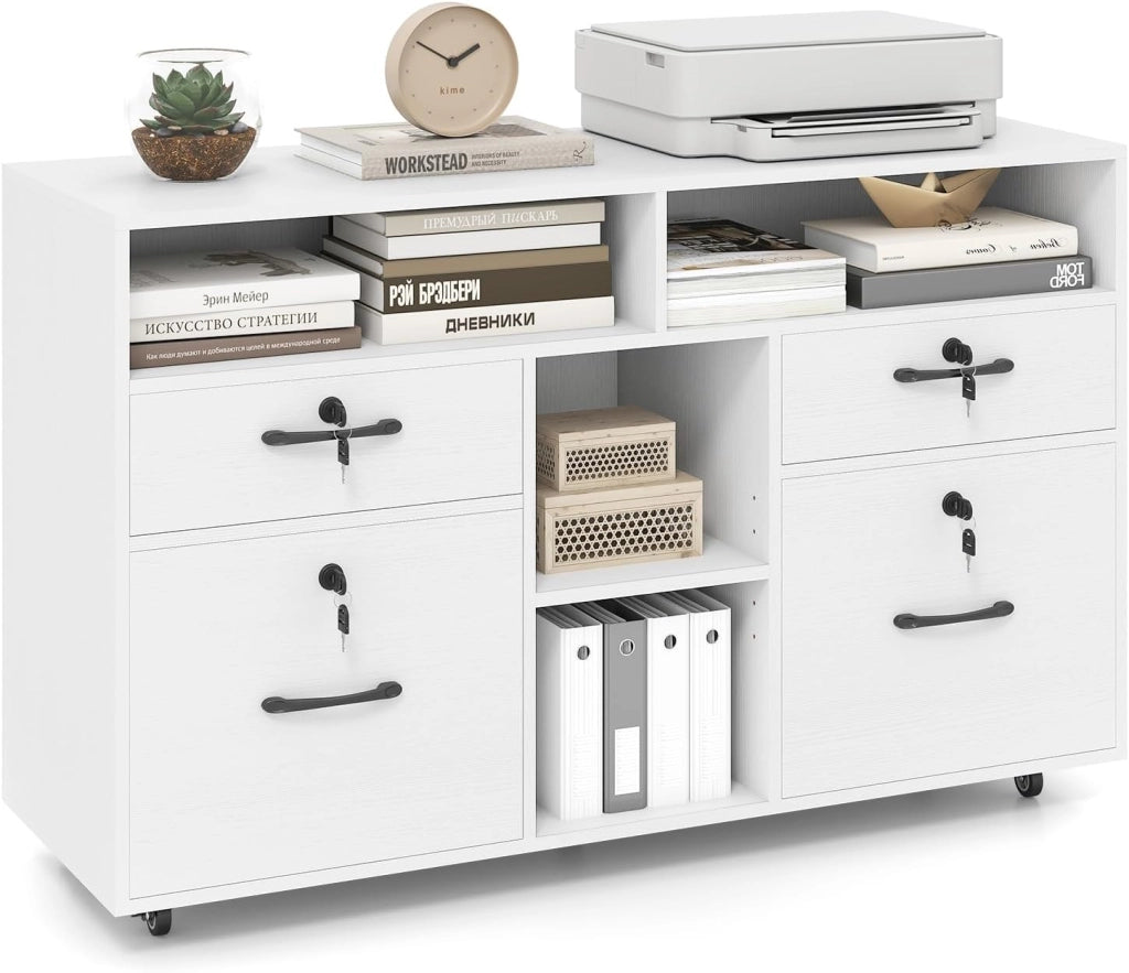 Armadietto Portadocumenti, Mobile da Ufficio Laterale con 4 Cassetti Adatto per File Formato A4/Lettera e 5 Ruote Universali Bloccabili, Credenza in Metallo per Scrivania (Bianco)