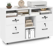 Armadietto Portadocumenti, Mobile da Ufficio Laterale con 4 Cassetti Adatto per File Formato A4/Lettera e 5 Ruote Universali Bloccabili, Credenza in Metallo per Scrivania (Bianco)