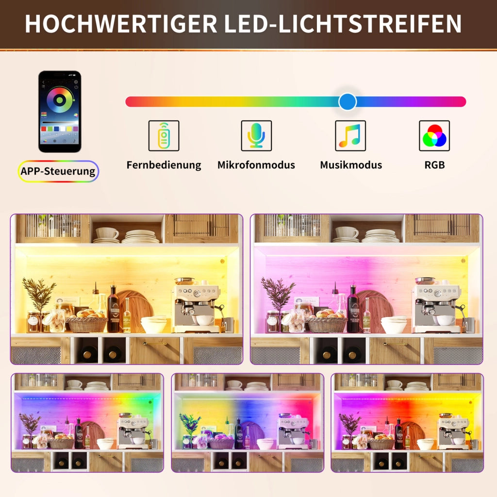 Credenza multifunzione con LED, presa e portabottiglie