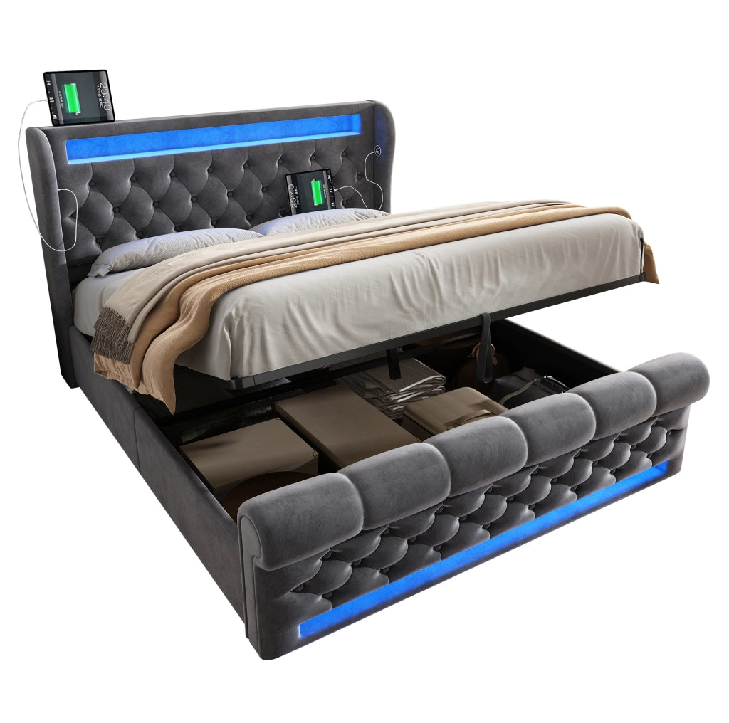 Letto matrimoniale imbottito 140x190 cm in velluto grigio con LED; ricarica USB e Type-C; contenitore idraulico