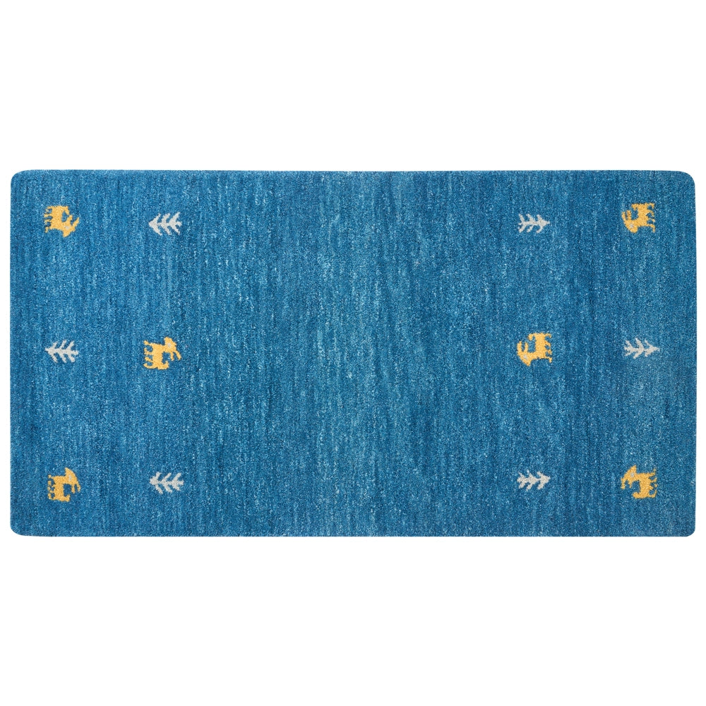 Tappeto Gabbeh in lana blu 80 x 150 cm, trapuntato a mano con motivi animali occidentali e design rustico