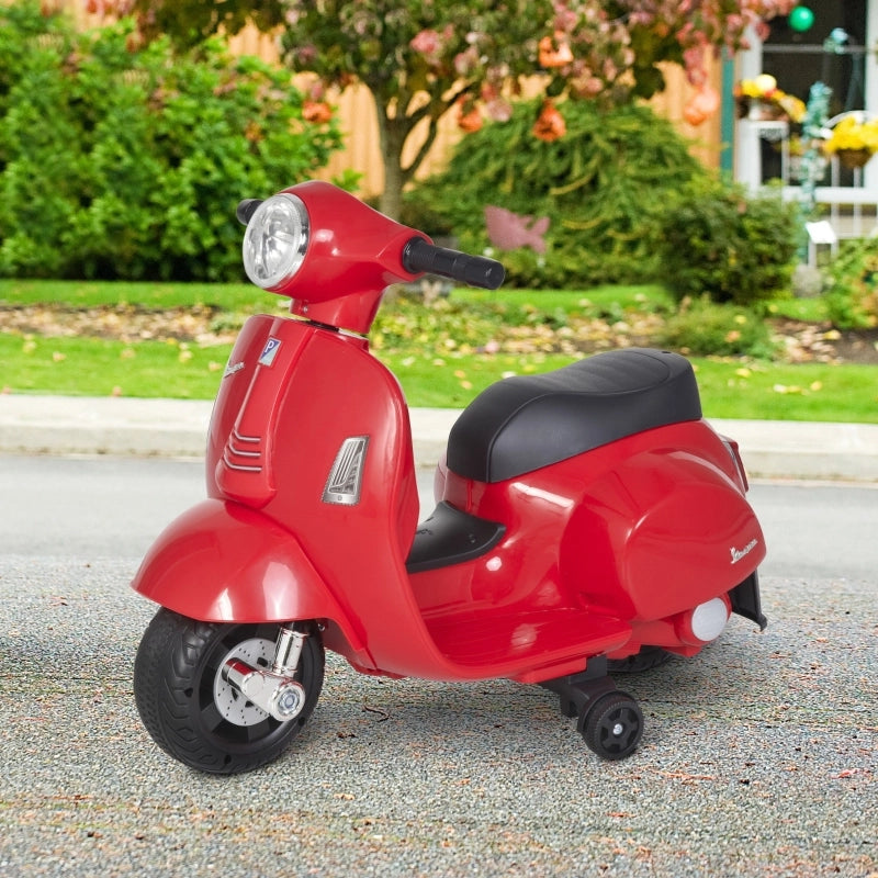 Vespa, moto elettrica per bambini, con luci a LED e suoni, adatta a bambini dai 18 ai 36 mesi, colore rosso.