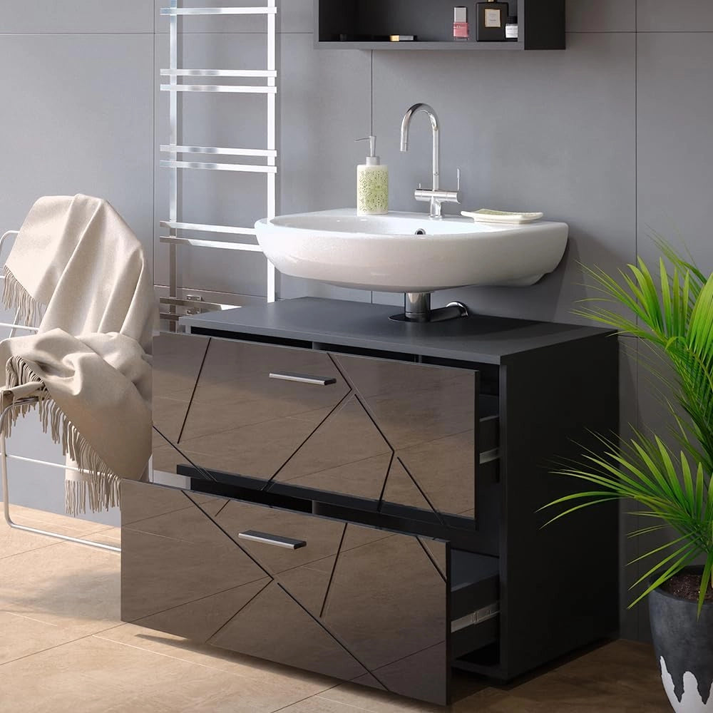 Mobile sottolavabo per bagno Irma, Antracite lucido, 80 x 58.6 cm, adatto per l'installazione sopra il sifone con aperture di aerazione