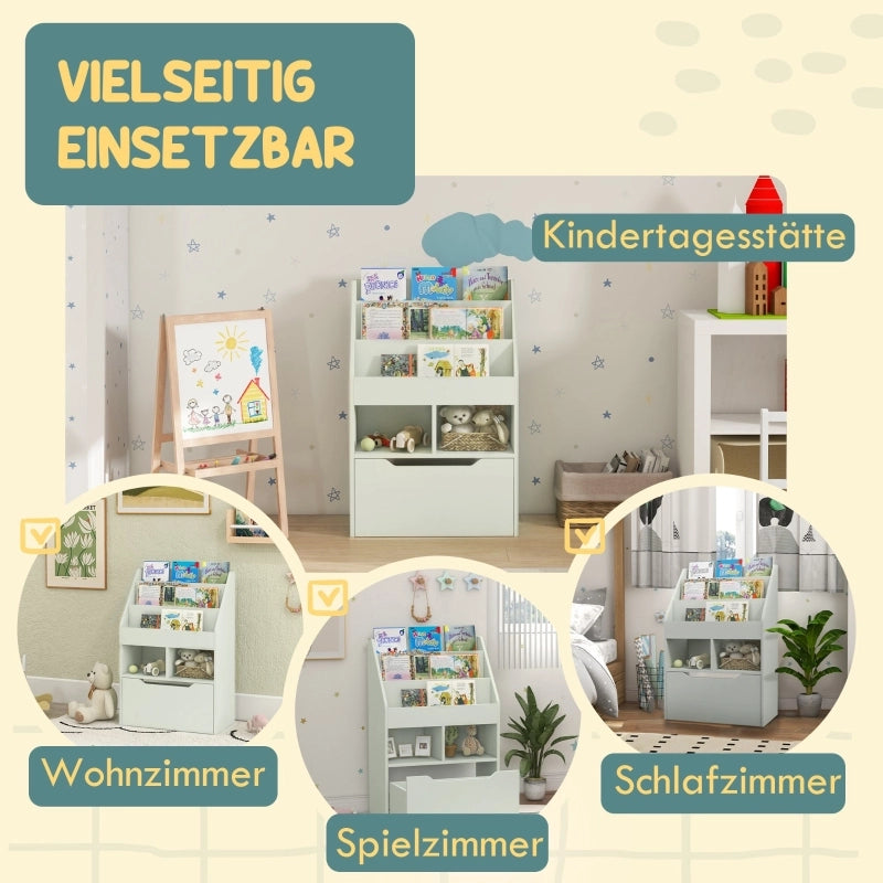 Libreria per bambini con cassetto, 3 ripiani e 2 vani a giorno, scaffale contenitore per cameretta, sala giochi, verde chiaro, 60 x 29,9 x 90 cm