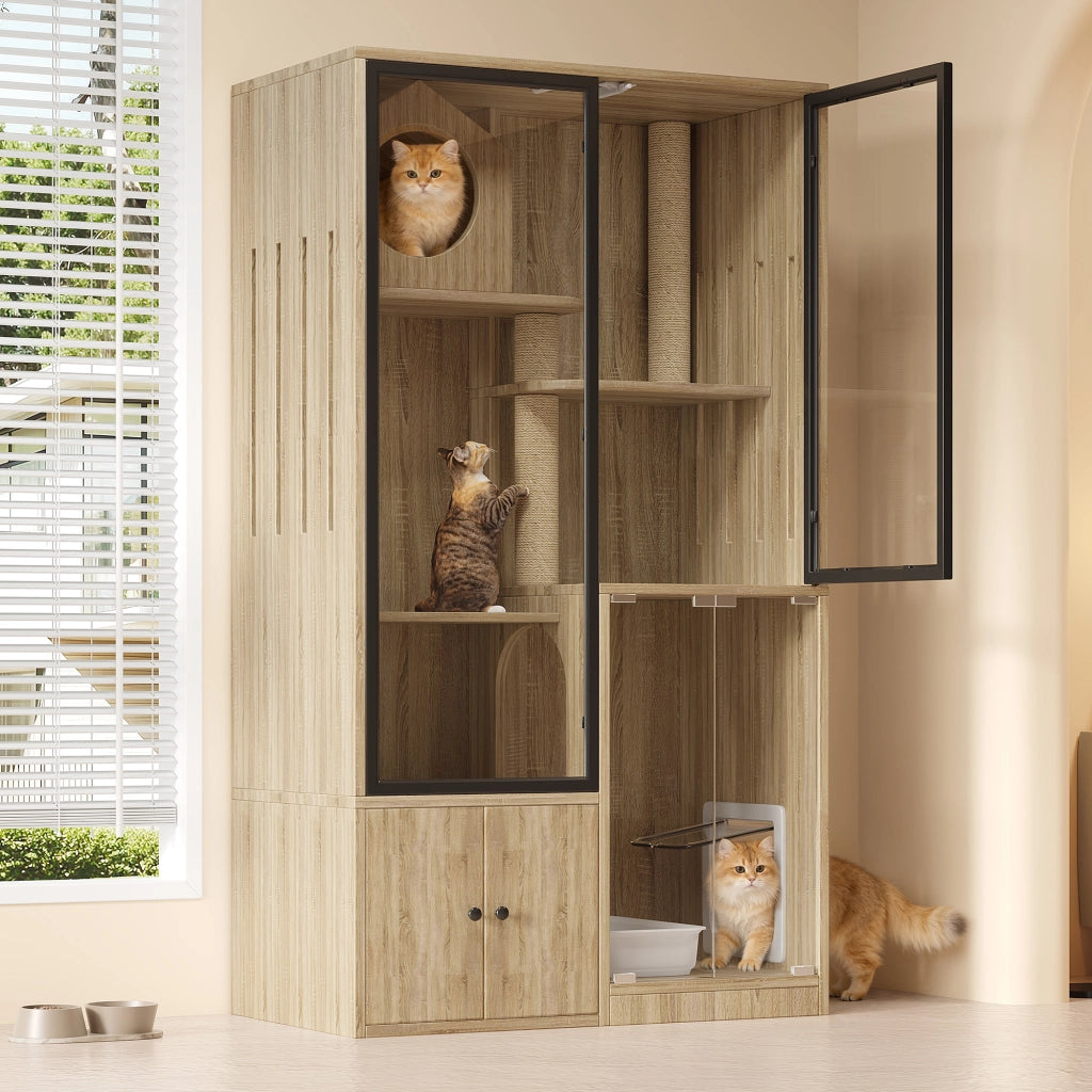 Villa per gatti da interno in MDF e vetro, struttura a più livelli con porta chiudibile, colore naturale