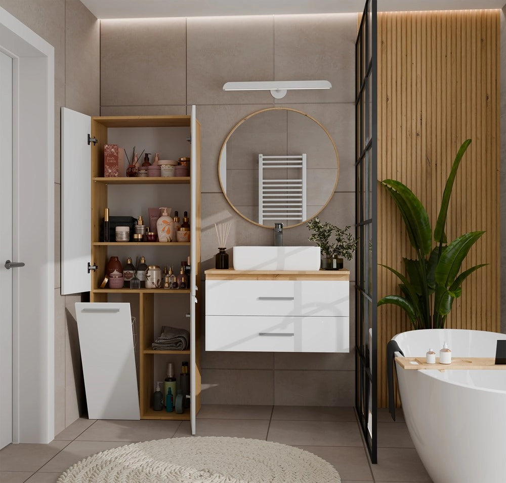 Mobile bagno NEL 1k DD scaffale colonna con koszem per bucato rovere artisan e bianco