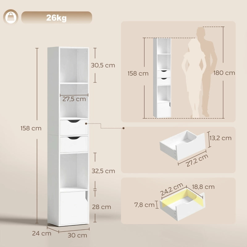 Libreria con 2 cassetti, libreria stretta con 3 ripiani a giorno, per ufficio, camera da letto, 30x24x158 cm, bianca
