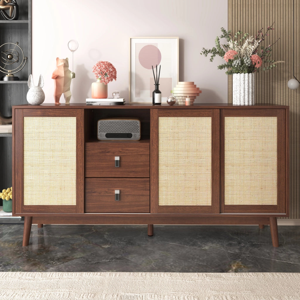 Credenza con 3 Ante Scorrevoli in Rattan e 2 Cassetti; Stile Naturale; in MDF; 155??38??80 cm; Legno