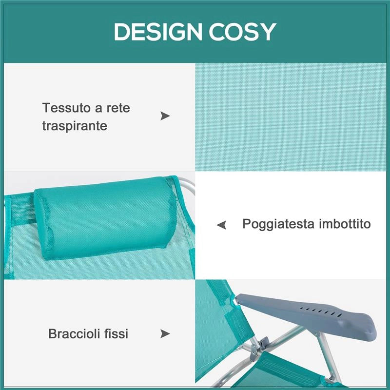SET 2 SEDIE DA CAMPEGGIO PIEGHEVOLI E RECLINABILI SU 6 LIVELLI IN ALLUMINIO E SCHIUMA 62X65X80 CM GRIGIO A AZZURRO