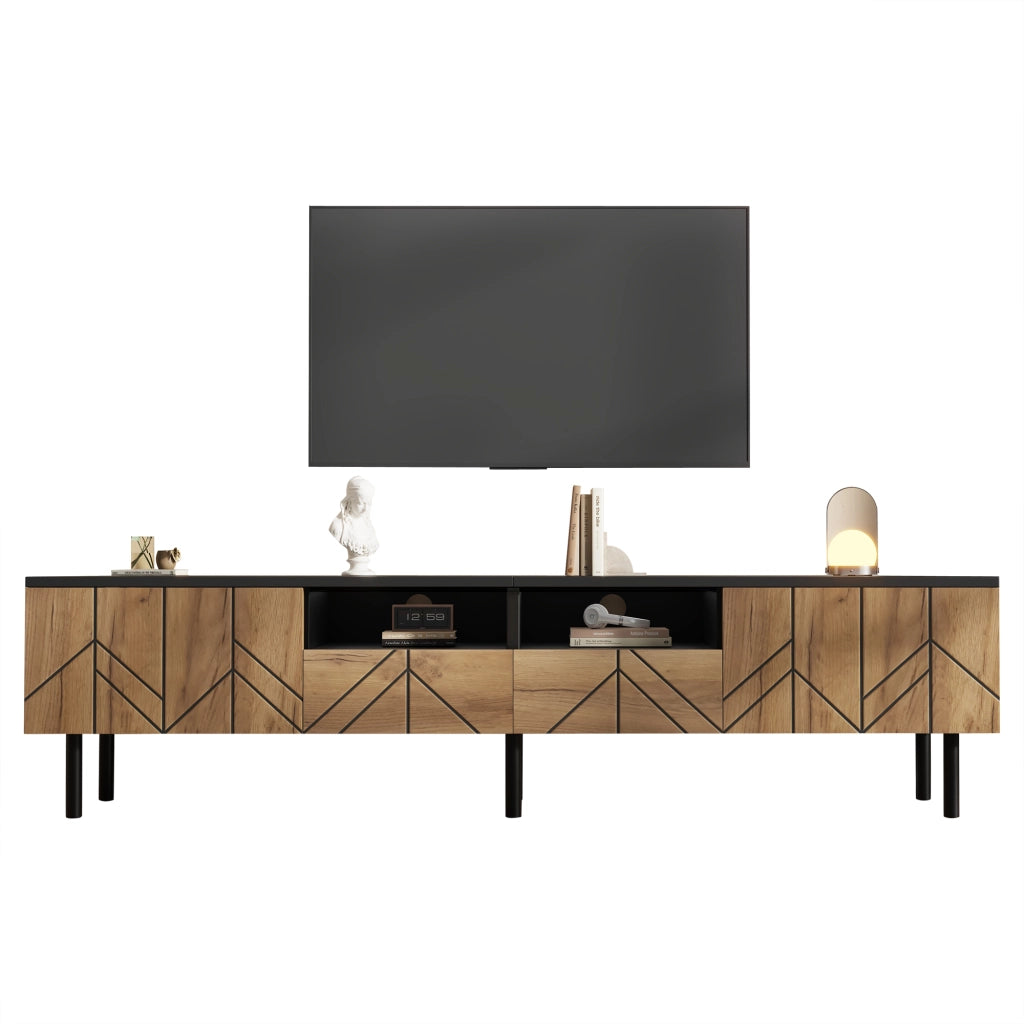 Mobile TV moderno 180x40x45 cm con 2 cassetti e 2 ante, in pannello truciolare, nero e effetto legno, portata fino a 75 kg