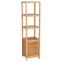Mobile Alto Bagno/Terrazzo, Scaffale a Torre in Bambù 4 Ripiani + Armadietto con Anta, 36x33x140cm, Color Legno