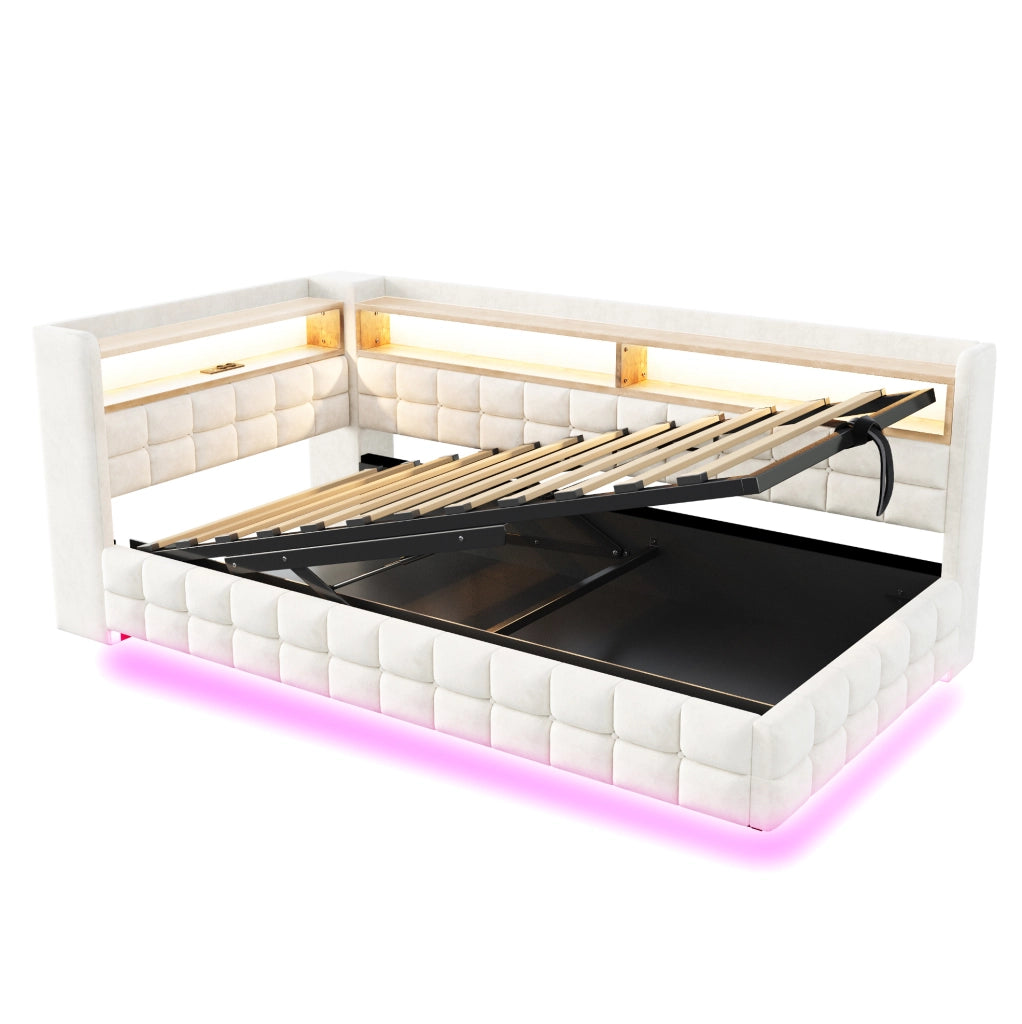 Letto imbottito multifunzione 90x200 cm con contenitore, LED e prese