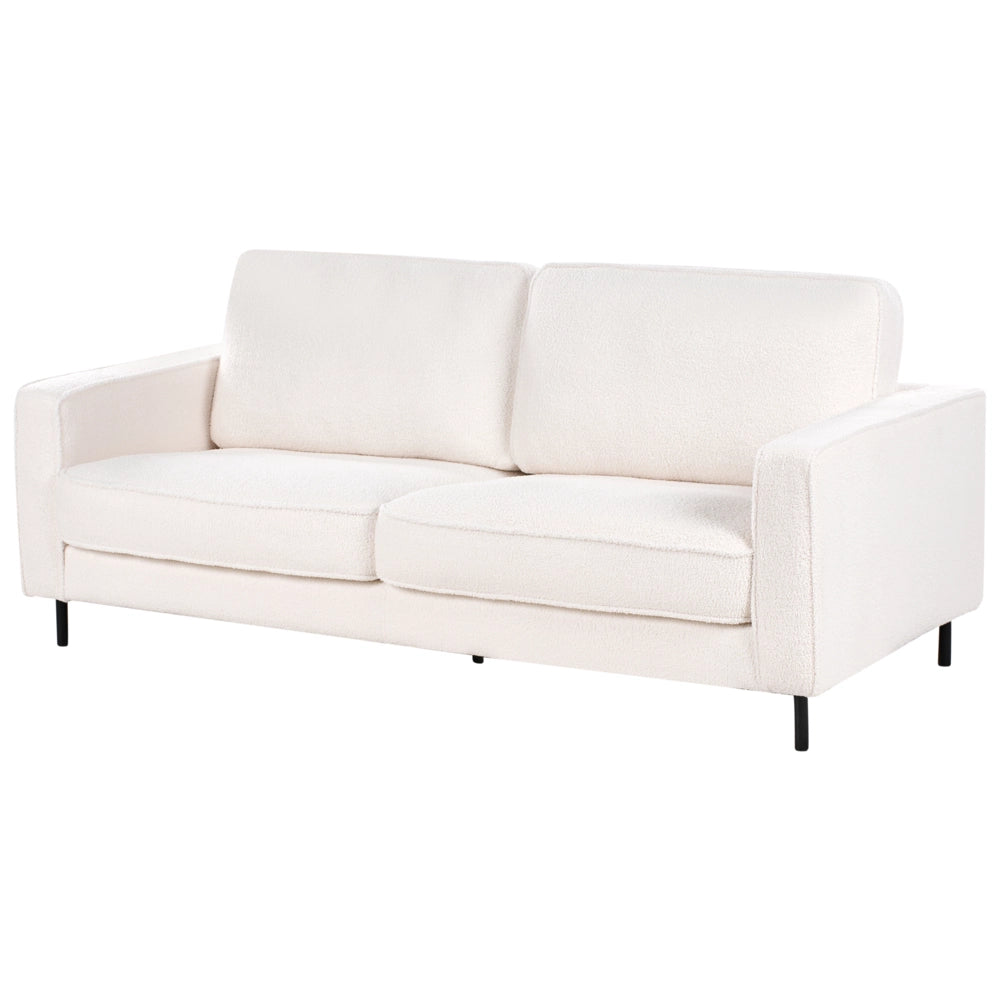 Divano in tessuto boucle bianco 3 posti con cuscini e gambe in metallo stile minimalista moderno