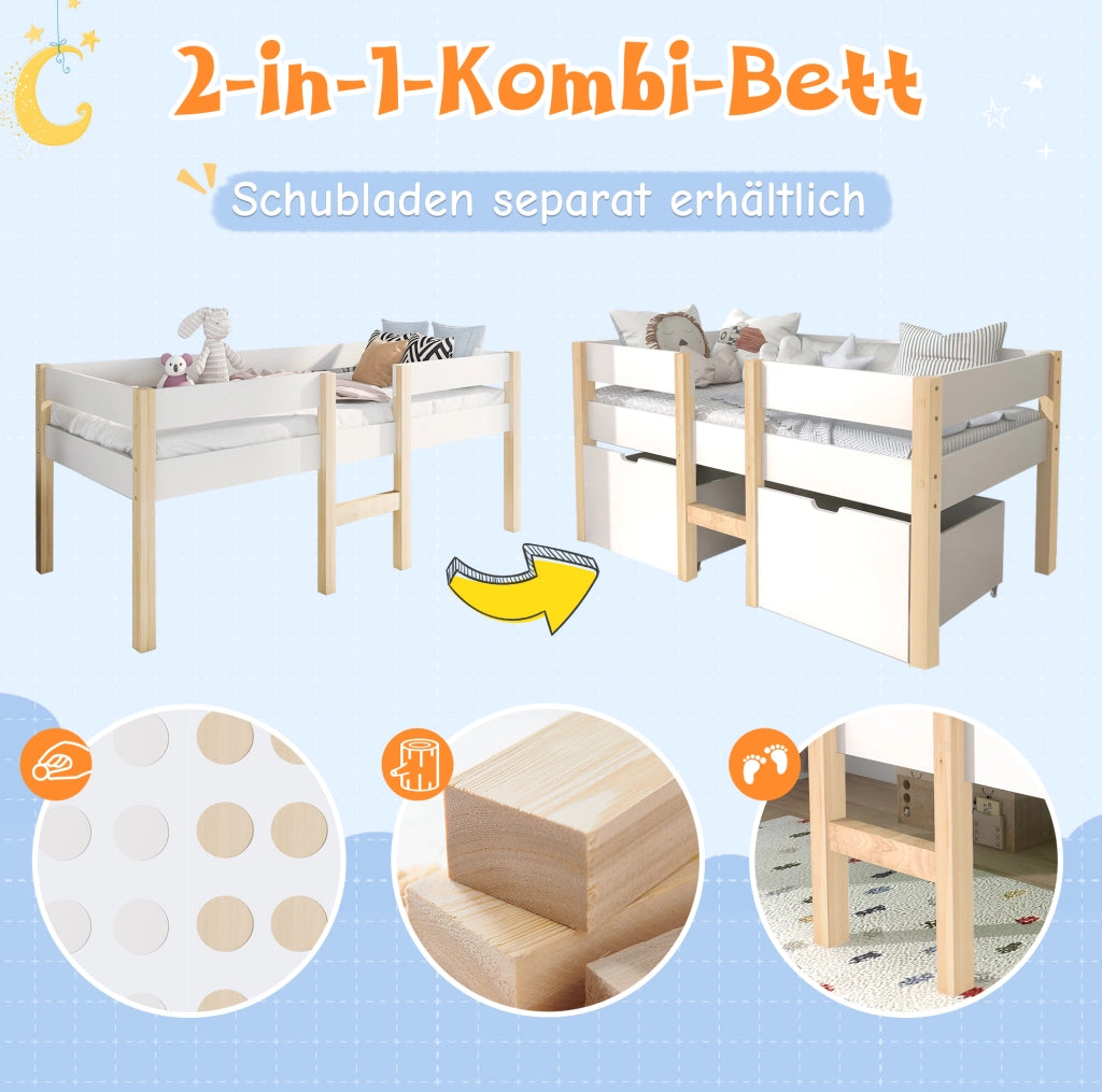 Letto semi-alto per bambini 90x200 cm con 2 cassetti bianco