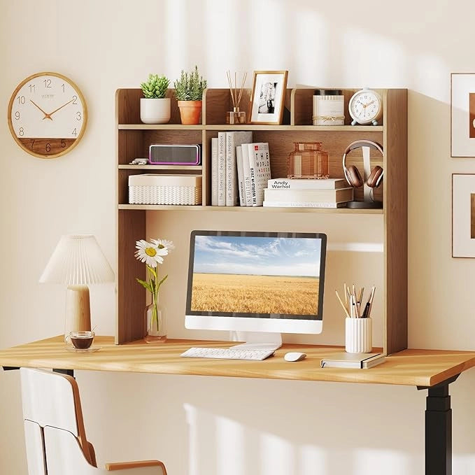 Libreria da Scrivania, Scaffale da Scrivania con 6 Ripiani in Legno, Scomparto Aperto per Monitor 32", Espositore per Dormitori Uffici Studio, 94 x 24 x 85 cm (Naturale)