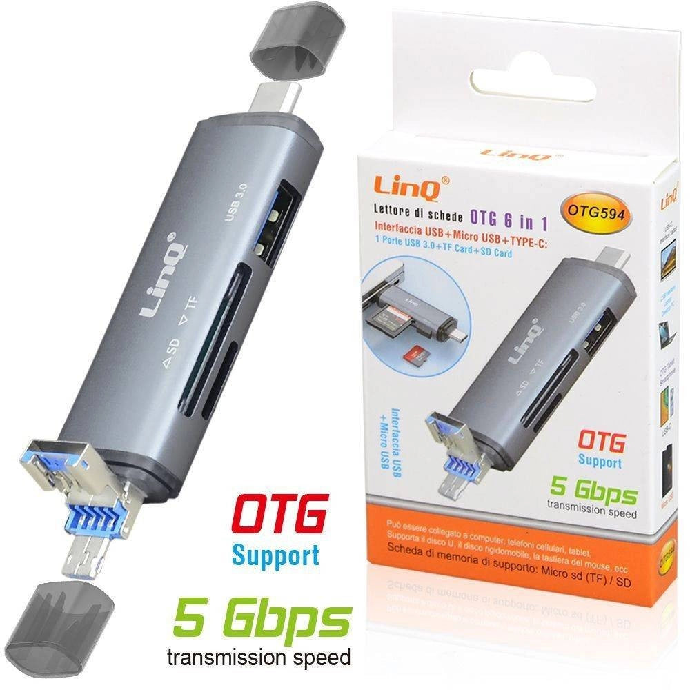 Trade Shop - Lettore Schede Memory Card Otg 6in1 Usb Microusb Type-c Usb3.0 Tf Sd Card Otg594 -