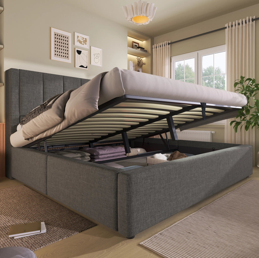Letto matrimoniale 160x200 cm con contenitore; testiera con portabicchieri e stazione di ricarica; grigio in lino