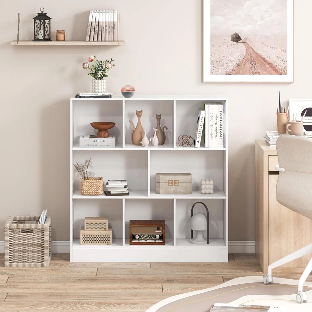 Libreria a 8 Cubi, Organizzatore di Stoccaggio a 3 Ripiani con 2 Kit Anti-Ribaltamento, Scaffale Multiuso in Legno per Soggiorno, Ufficio Stanza Bambini, 100x24x104 cm (Bianco)