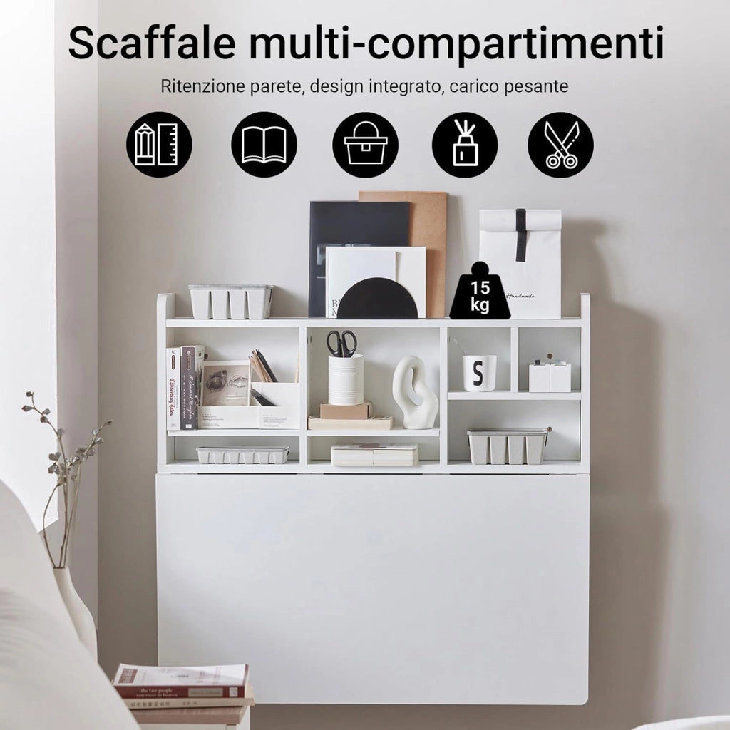 tavolo pieghevole da parete con mensola salvaspazio per cucina piccola e studio, consolle da pranzo a scomparsa bianca 90x60 cm, dimensioni ca. 90x78x60 cm FWT07-II-W