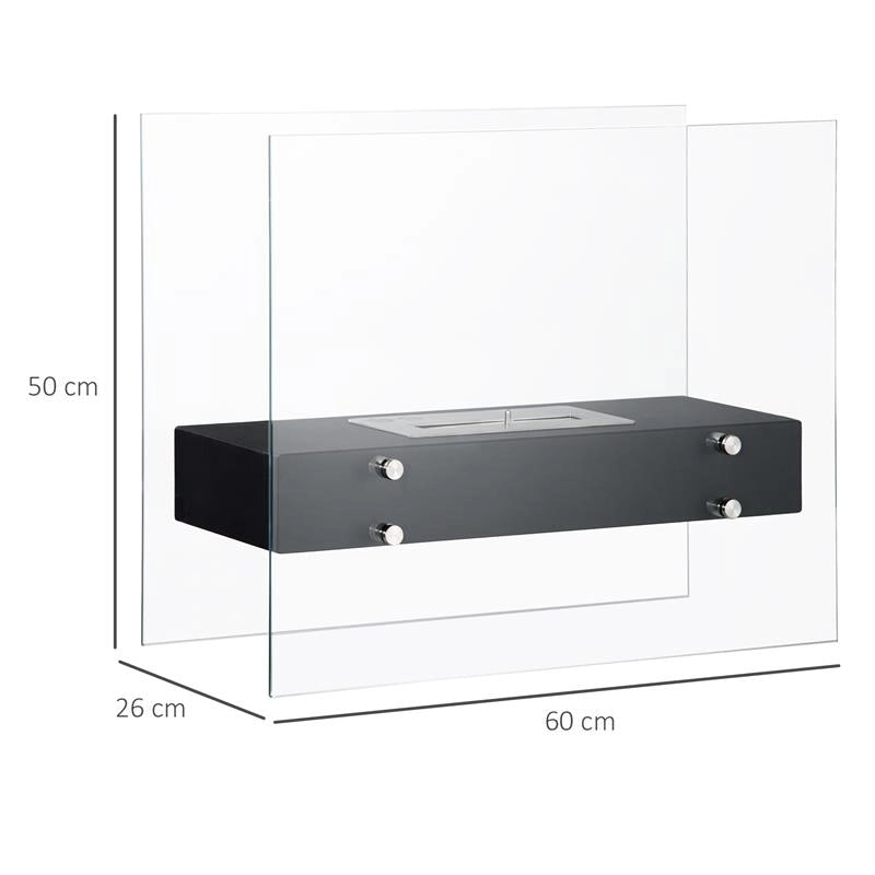 CAMINO BIOETANOLO IN METALLO E VETRO 3H DI COMBUSTIONE CON SERBATOIO 1.5L E COPERTURA 25M² 60X26X50 CM NERO