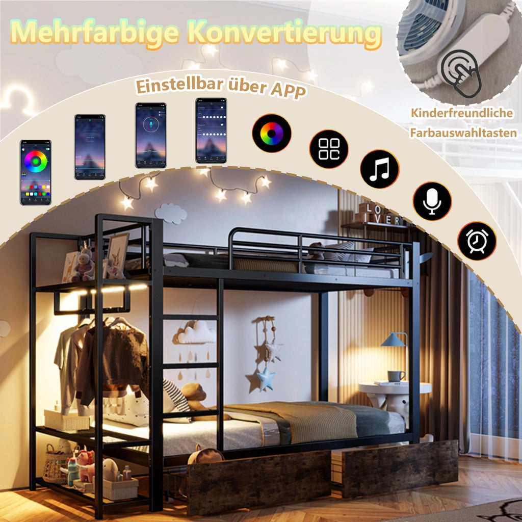 Letto castello 90x200 ferro 2 cassetti LED asta nero