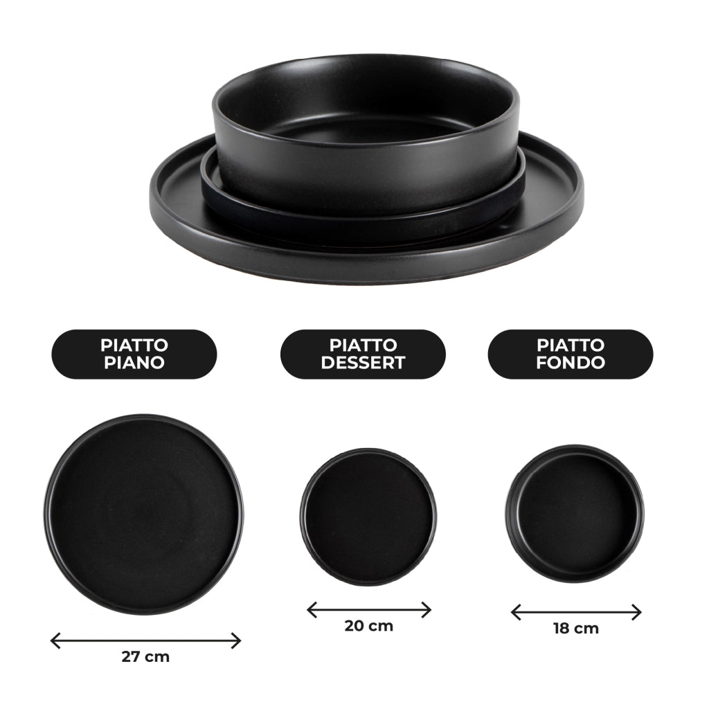 Set 18 Piatti in Porcellana Colorati Servizio Tavola Moderno 6 Persone Piatti Piani Ø27 cm, Fondi Ø20 cm e Dessert Ø19 cm Lavastoviglie e Microonde Certificati per Contatto Alimentare Nero