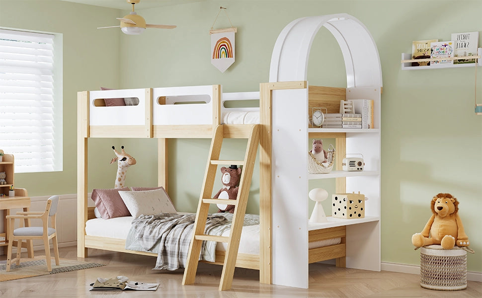 Letto a castello con scaffale a tre ripiani in legno massello e mdf bianco naturale 90x200 cm