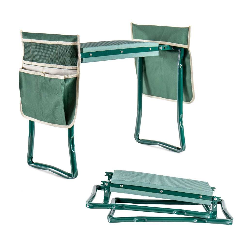 Sgabello Inginocchiatoio da Giardino Pieghevole con Tasche Porta Attrezzi, Ginocchiera Seduta Imbottita Multiuso, Struttura in Metallo Robusta, Supporto per Giardinaggio Ergonomic