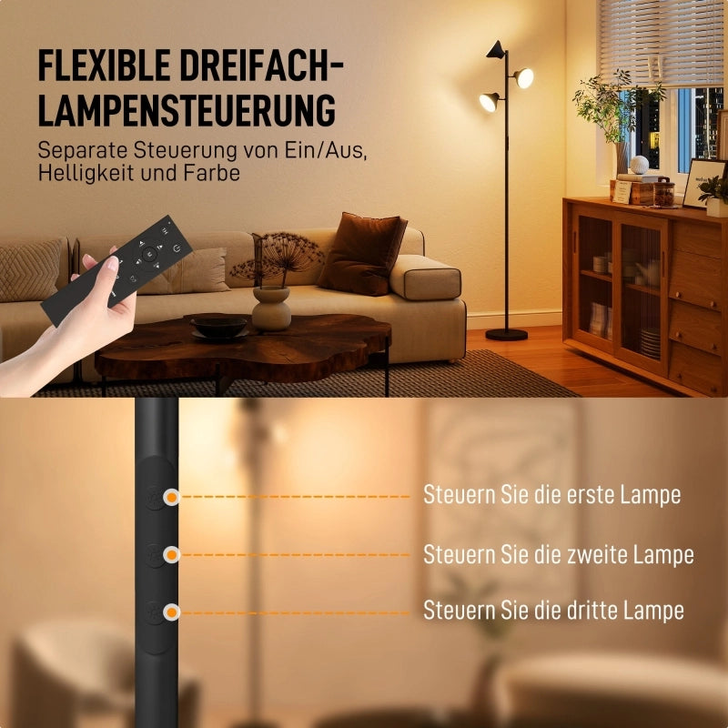 Lampada da terra dimmerabile con luce di lettura, lampada da terra a colori RGB con telecomando, controllo touch, 3 teste rotanti, nera