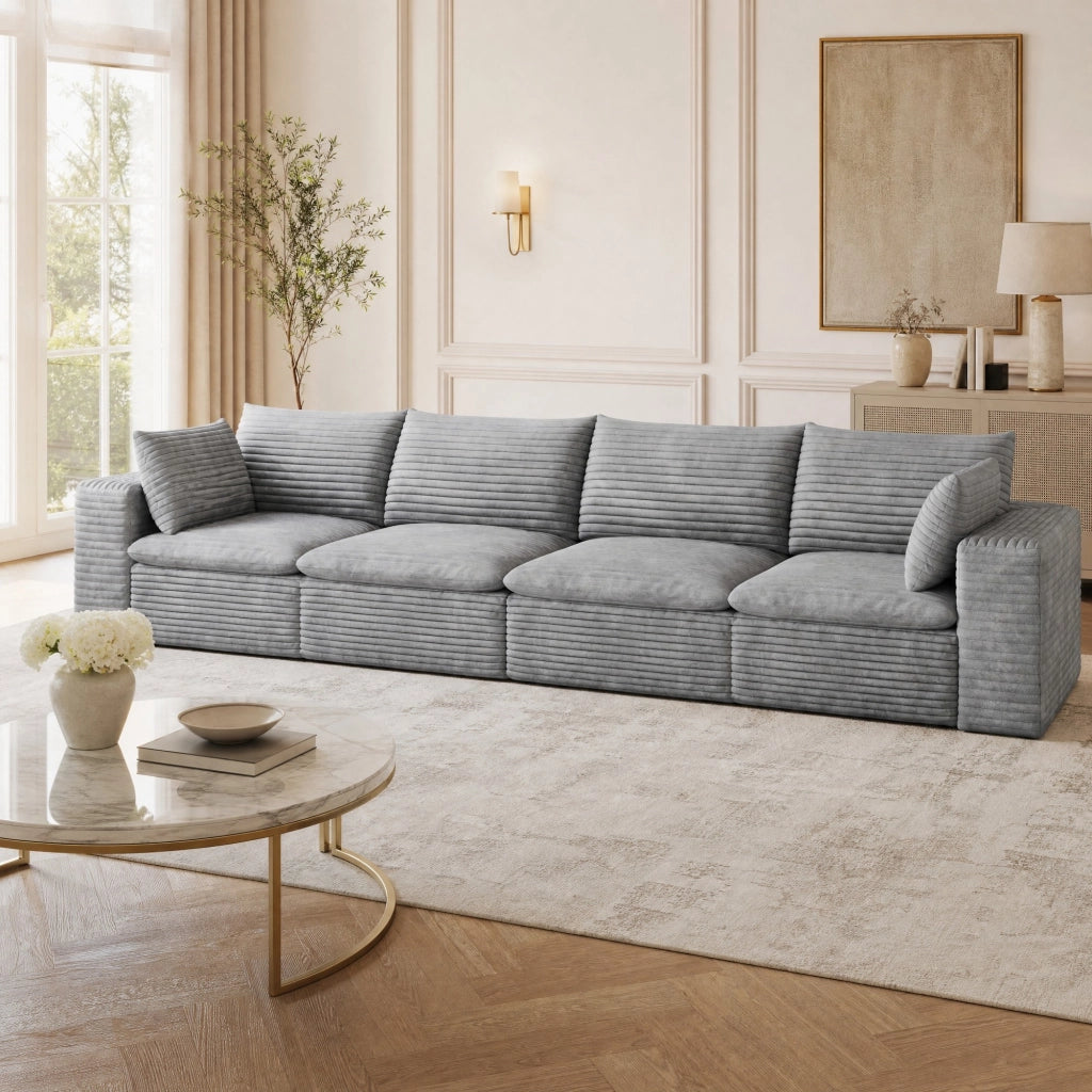 Desviae Divano modulare in tessuto grigio con supporto interamente in schiuma e configurazione regolabile