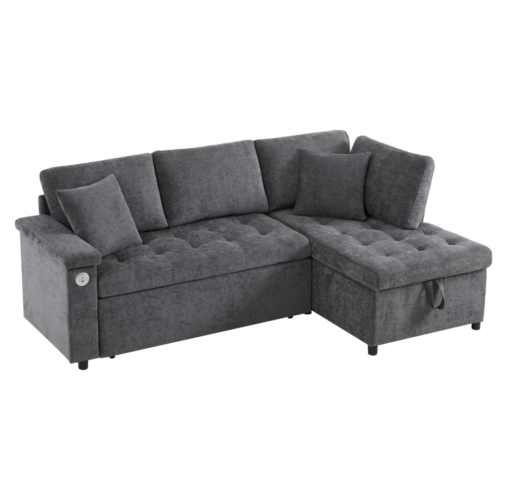Divano angolare a destra in chenille con letto estraibile; contenitore; USB e portabicchieri; grigio scuro