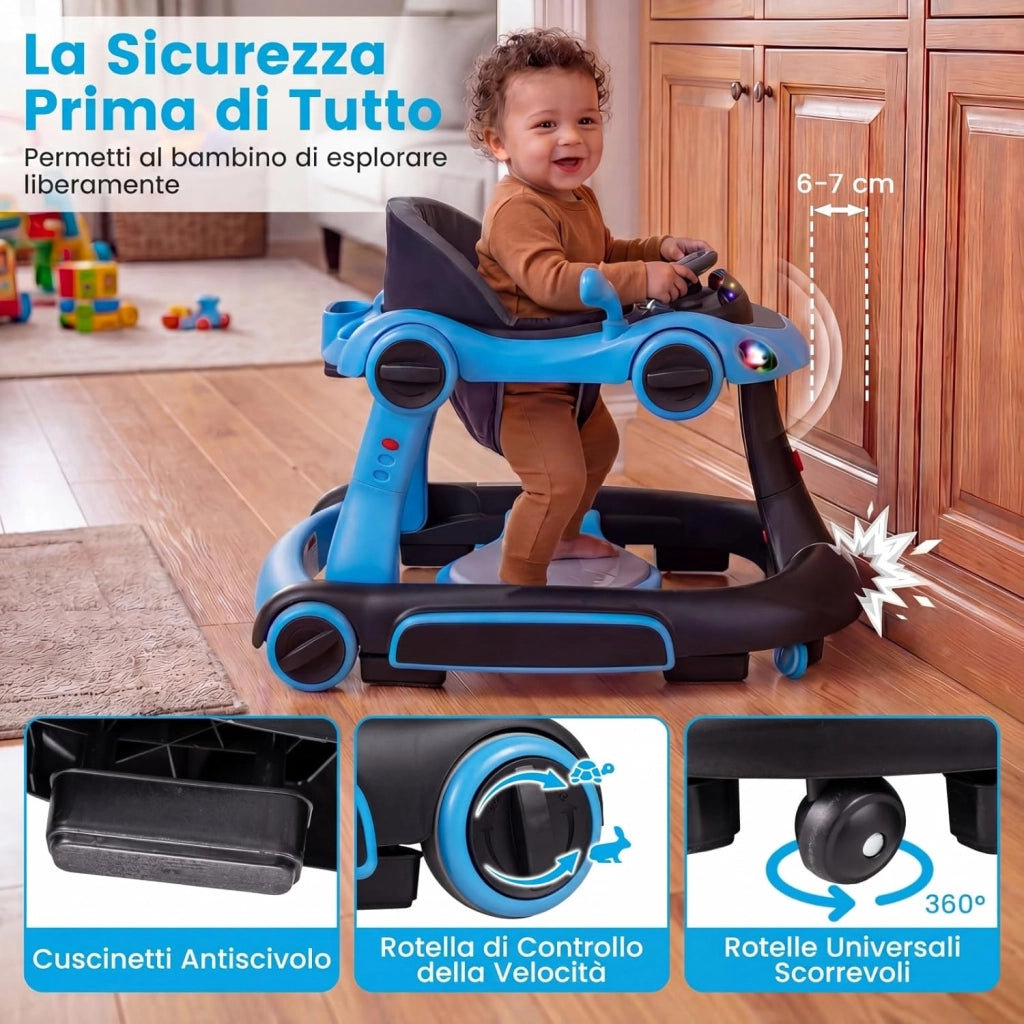 Girello per Bambini 6-in-1 Evolutivo, Centro Attività Pieghevole con Maniglia, Regolazione Altezza/Velocità, con Musica, Luci Tenda, per Neonati 6-18 Mesi (Nero+Blu)