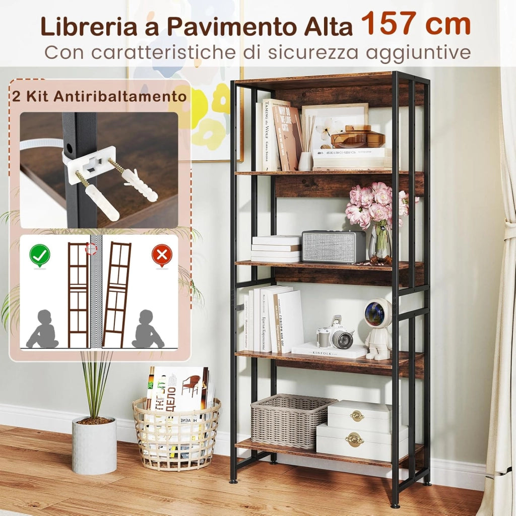 Libreria Aperta a 5 Ripiani Regolabili e Inclinabili, Scaffale Salvaspazio in Legno, Scaffale Portaoggetti Espositivo per Camera da Letto, Soggiorno e Cucina, 70 x 35 x 157 cm, Marrone Rustico