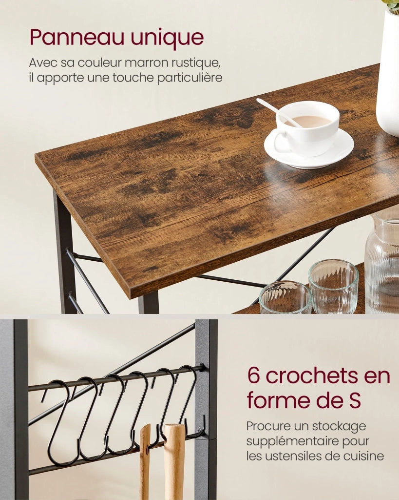 Scaffale da cucina carrello di servizio unità a 3 ripiani 40 x 80 x 89 cm forno a microonde mini forno tostapane struttura in metallo con 6 ganci stile industriale marrone rustico 12_0005678