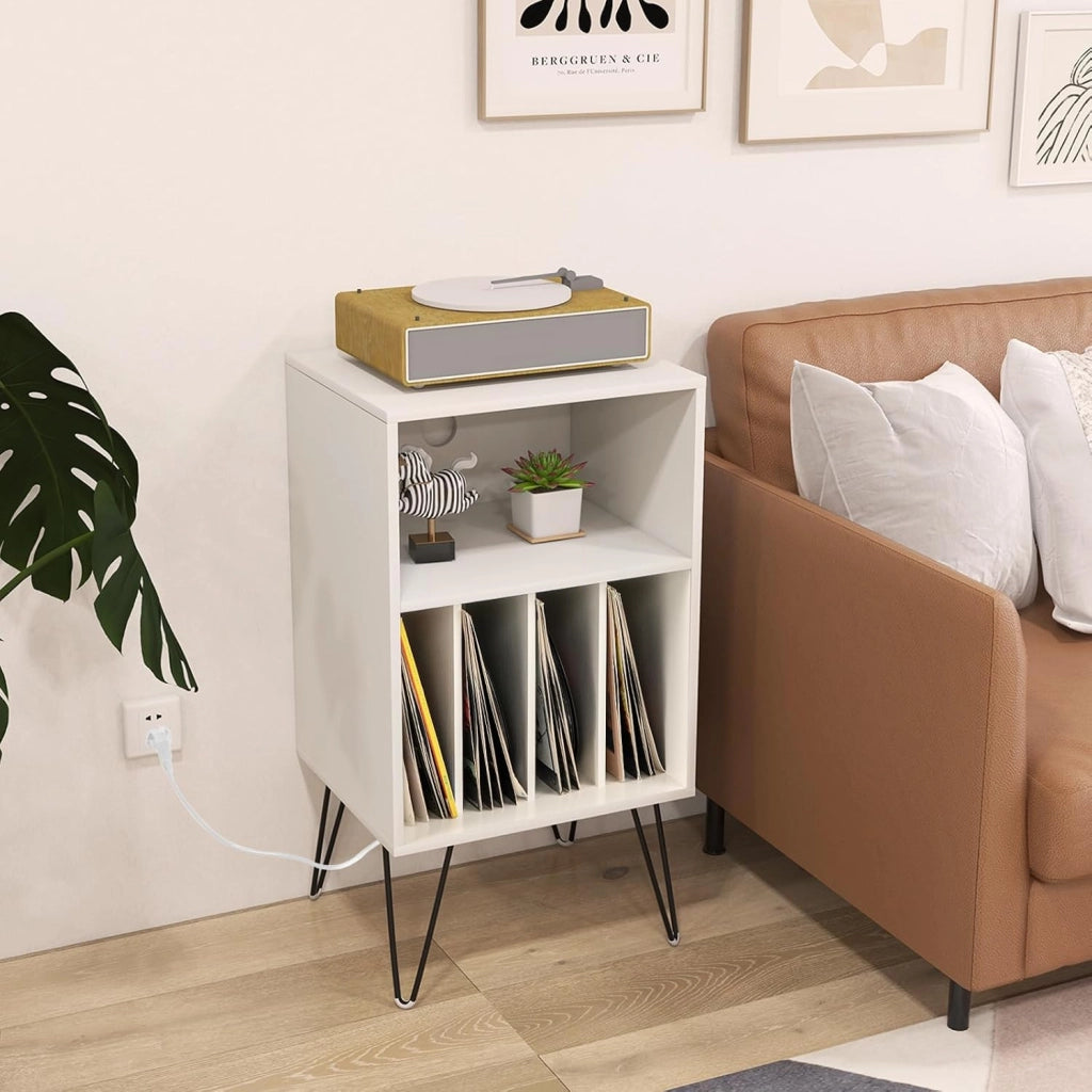 Supporto per Giradischi, Porta Vinili con 5 Scomparti di Archiviazione, Presa di Corrente e Porta USB e TYPEC, per Soggiorno, Camera da Letto e Ufficio, 48 x 40 x 88 cm (Bianco)