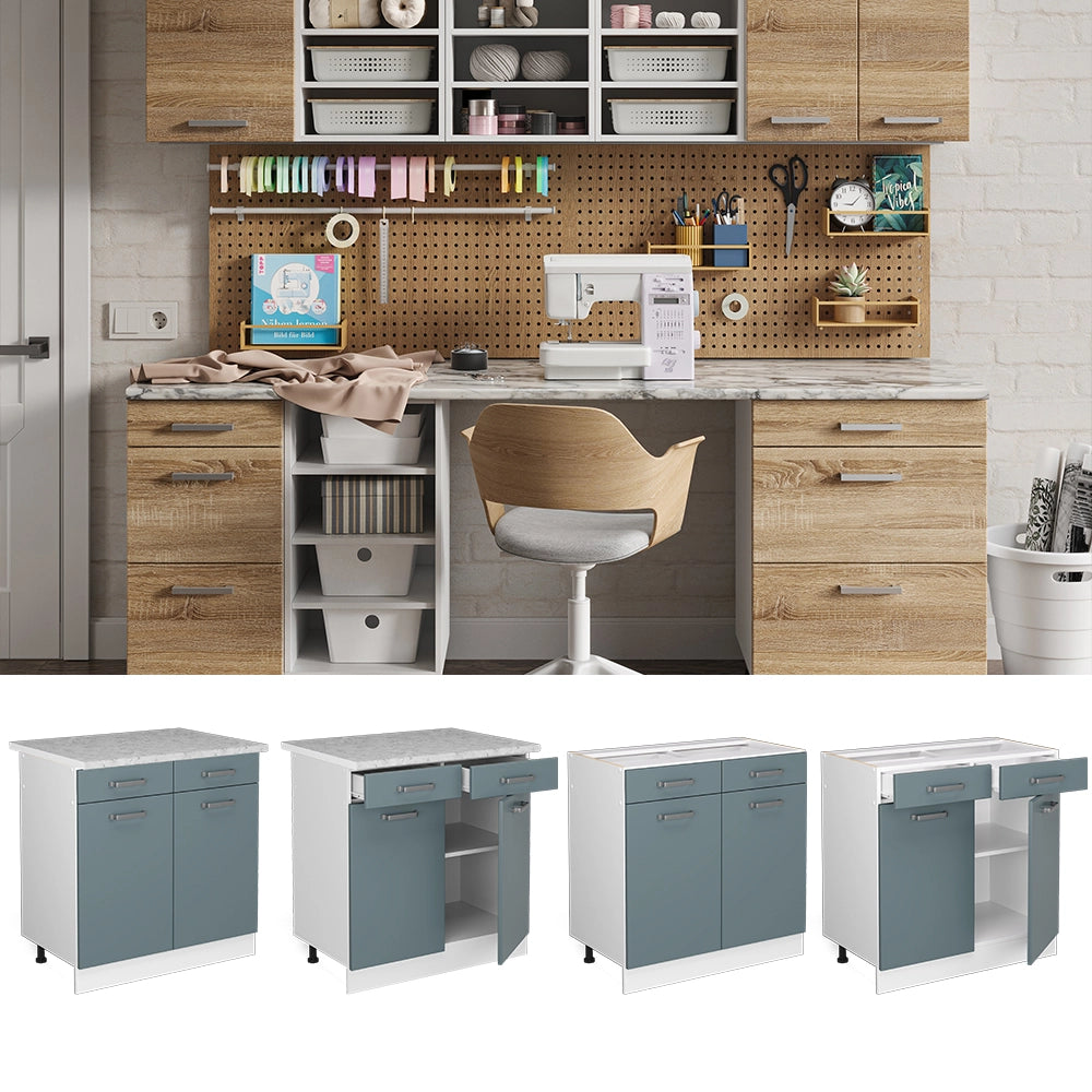 Vicco Base universale Grigio-blu 80 cm con cassetti e ante, con piano di lavoro