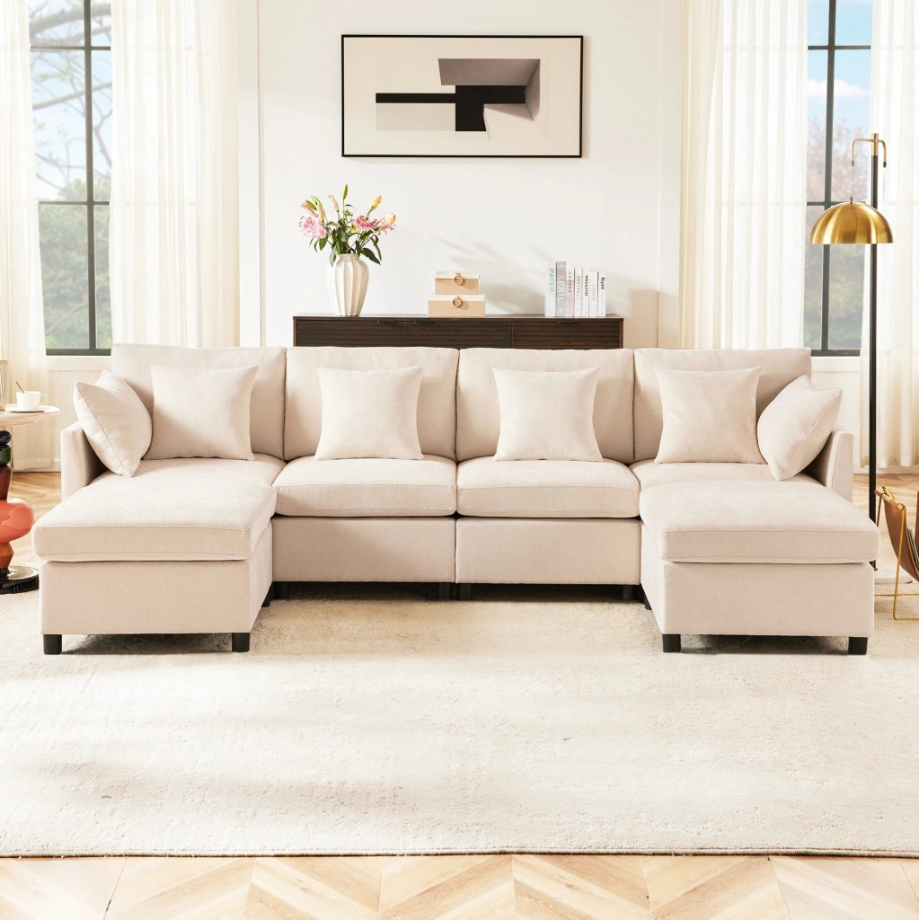 Sofa modulare 278x161x81 cm; componibile in U e L; con 2 pouf; in chenille beige