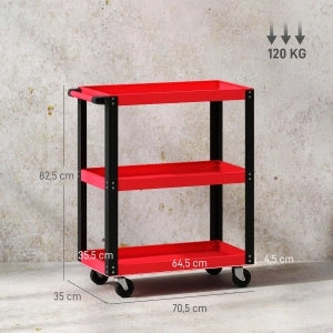 Carrello portautensili a 3 livelli in metallo rosso, 120 kg, con ruote e maniglia