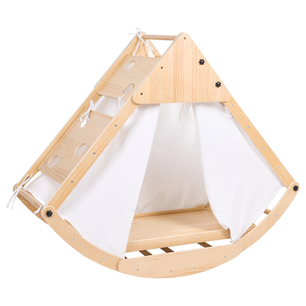 Set triangolare Pikler in legno di pino marrone chiaro, struttura da arrampicata Montessori 4 in 1 con arco e rampa, per la cameretta dei bambini