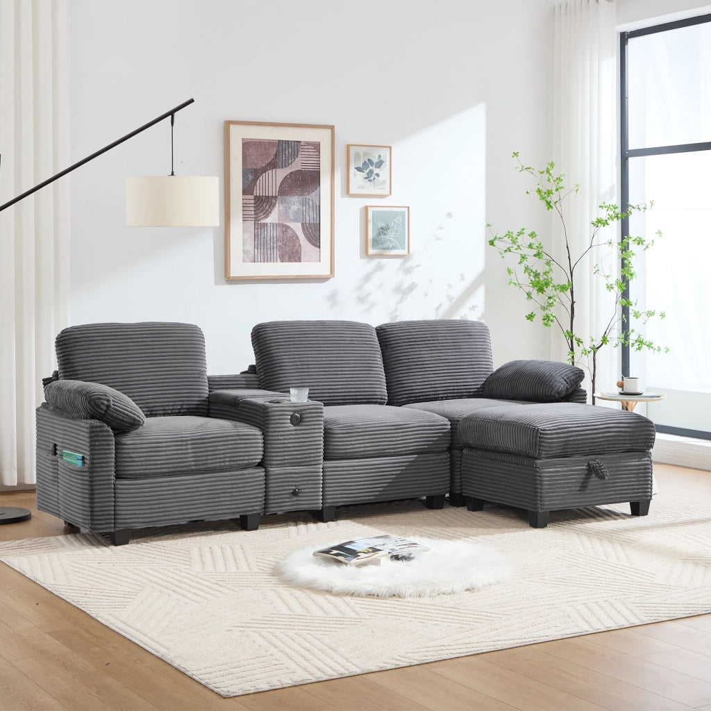 Divano con memory foam console scorrevole USB-C tasche laterali e pouf contenitore in velluto a coste grigio scuro