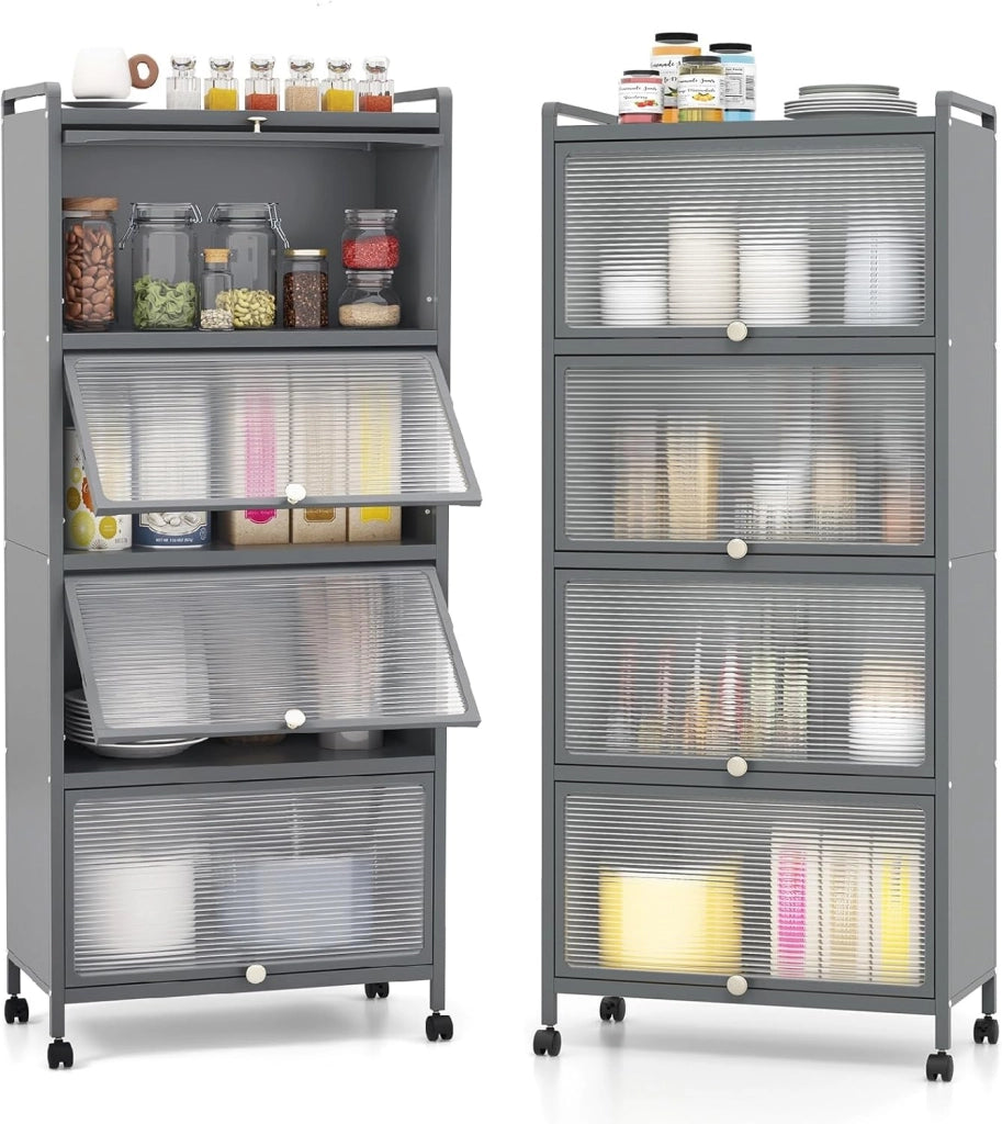 Credenza Cucina a 5 Livelli, Scaffale da Cucina in Piedi su Ruote, Mobile Cucina Dispensa con Ante in PC, con Protezione Antiribaltamento, 60 x 32 x 154 cm, 3 Colori (Nero)