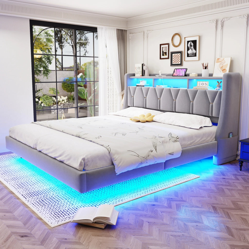 Letto matrimoniale imbottito 180x200 cm grigio chiaro con LED