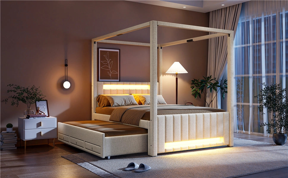 DESMIU Lit combinato 140 × 200 cm 2 posti con letto estraibile, 3 cassetti, LED, senza materasso, beige