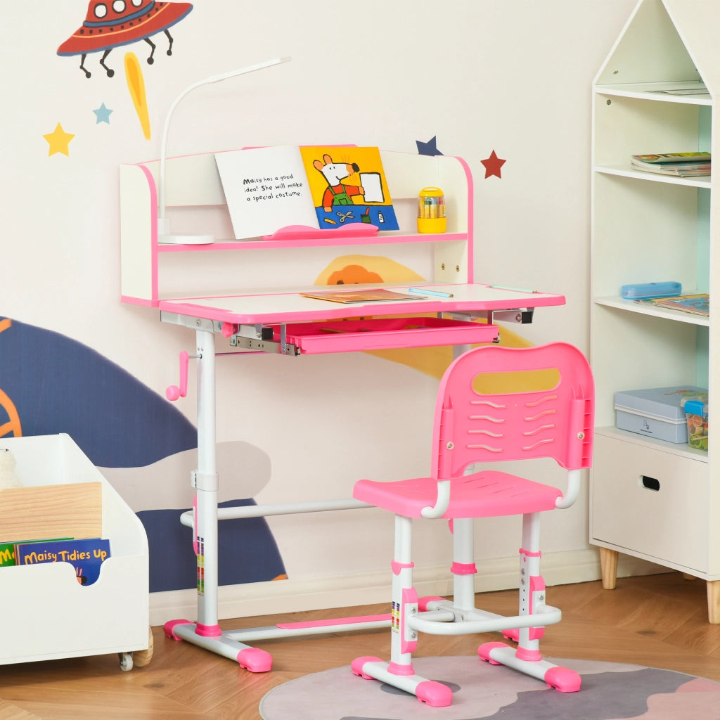 Banco Scuola per Bambini 6-12 Anni Regolabile con Luce LED, Leggio e Portapenne, in MDF, PP e Acciaio, Rosa