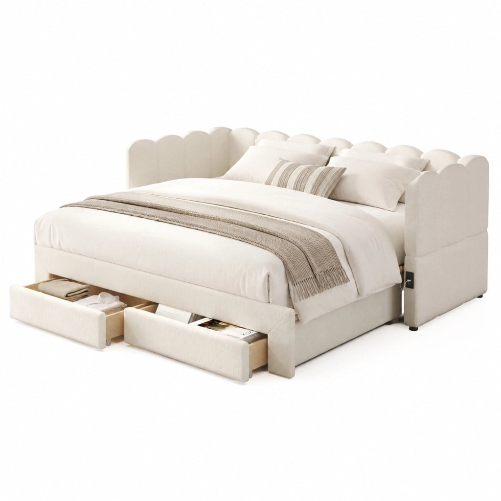 Letto daybed estraibile 90x190 cm in lino beige con 2 cassetti; USB e Type-C