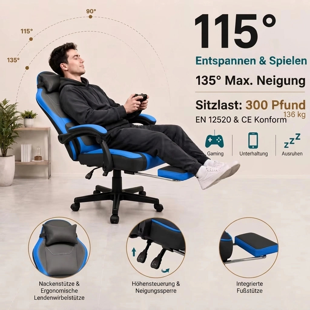Chaise da ufficio gaming con tasca portaoggetti sul retro e cilindro pneumatico, in PVC nero e blu