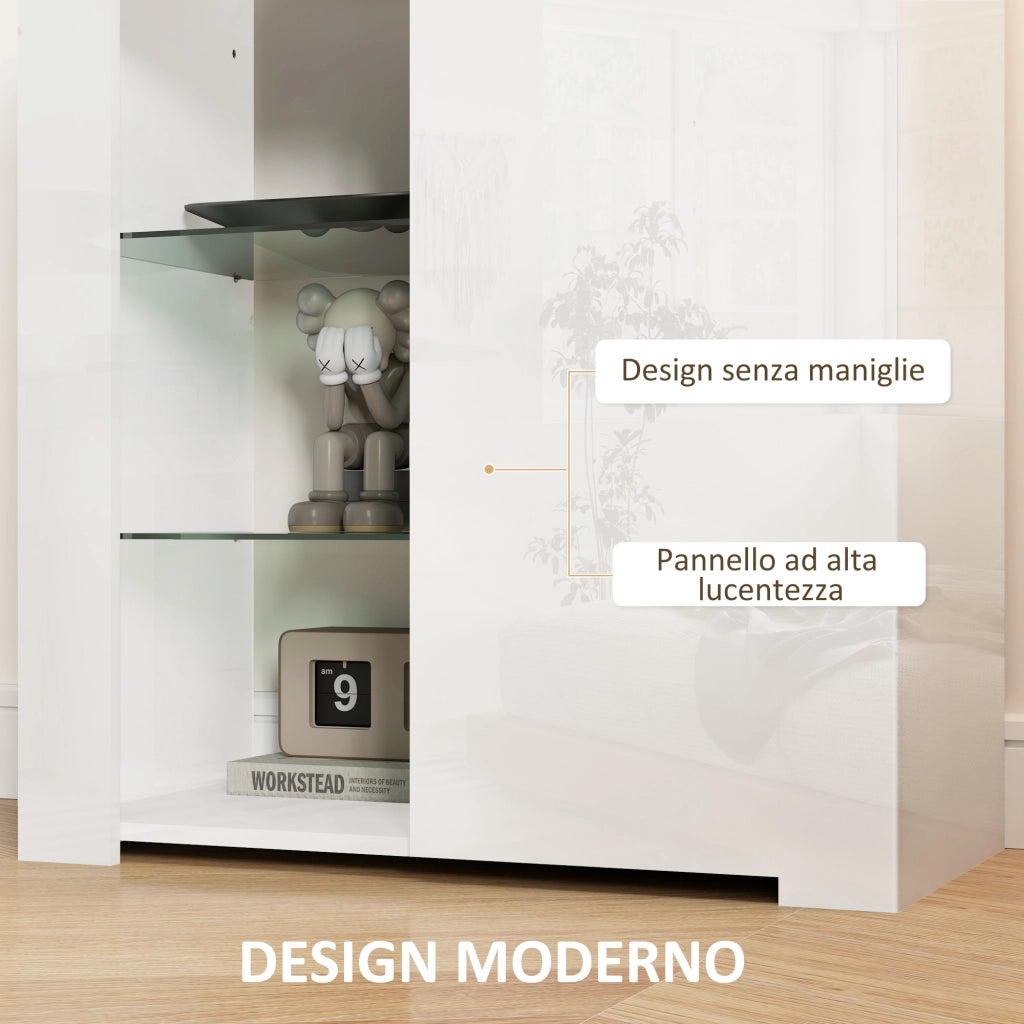 Mobile Contenitore a LED con 3 Ripiani Aperti e Armadietto a 2 Livelli, in Legno e Vetro, 75x40.1x83 cm, Bianco